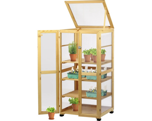 Châssis de culture en bois avec toit ouvrant et étagères pour plantes et herbes