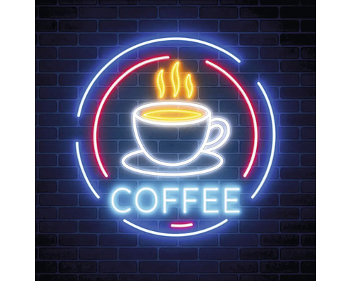 Glasbild Neon Coffee 20x20 cm Neonreklame mit Kaffeetasse und dem Wort Kaffee