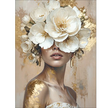 Gemälde einer Frau mit Blumen im Haar und Goldakzenten