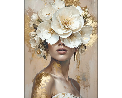 Glasbild Flowers On Her Head XII 60x80 cm Gemälde einer Frau mit Blumen im Haar und Goldakzenten