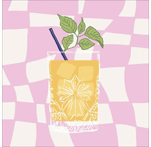 Gezeichnetes Glas mit Getränk, Eiswürfeln, Strohhalm und Pflanzenzweig