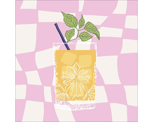 Leinwandbild Yellow Cocktail 40x40 cm Gezeichnetes Glas mit Getränk, Eiswürfeln, Strohhalm und Pflanzenzweig