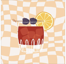 Verre dessiné avec boisson, glaçons, mûres et tranche de citron