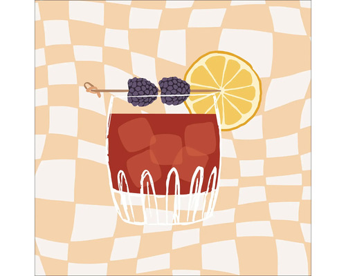 Tableau sur toile Red Cocktail 40x40 cm Verre dessiné avec boisson, glaçons, mûres et tranche de citron