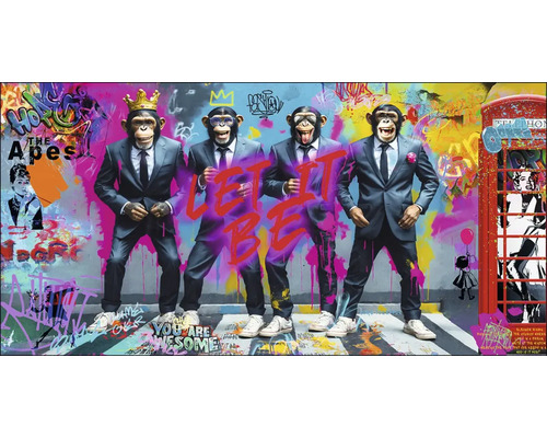 Peinture murale décorative avec quatre singes en costume devant un fond coloré avec des graffitis et une cabine téléphonique