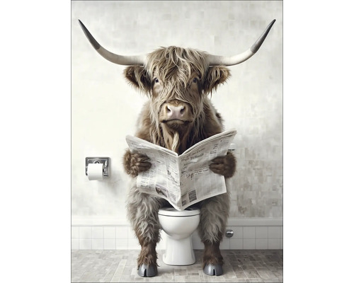 Leinwandbild Lustiges Hochlandrind I 57x77 cm Illustrierte Highland Kuh auf Toilette beim Zeitunglesen