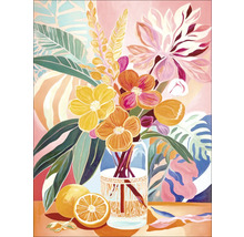 Peinture d'un bouquet de fleurs dans un vase à côté d'agrumes