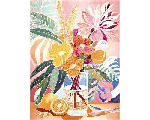 Tableau sur toile Flower Cocktail 57x77 cm Peinture d'un bouquet de fleurs dans un vase à côté d'agrumes