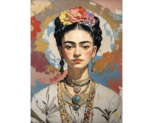 Leinwandbild Frida Kahlo V 57x77 cm Gemälde einer Frau mit Blumen im Haar und Halsketten