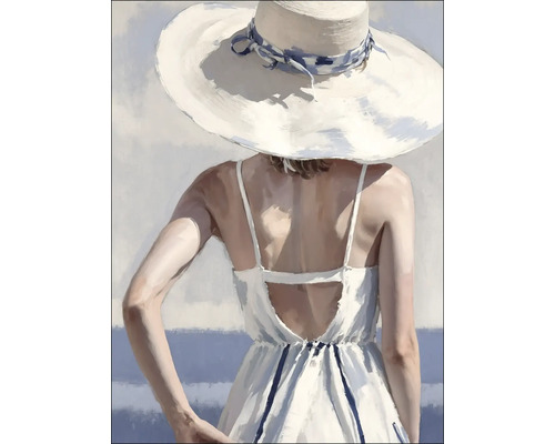 Gemälde einer Frau mit Hut und Sommerkleid von hinten
