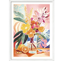 Gemälde mit Blumen, Blättern und Orangen in weissem Rahmen