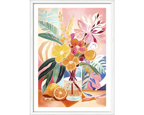 Gerahmtes Bild Flower Cocktail 53x73 cm Gemälde mit Blumen, Blättern und Orangen in weissem Rahmen