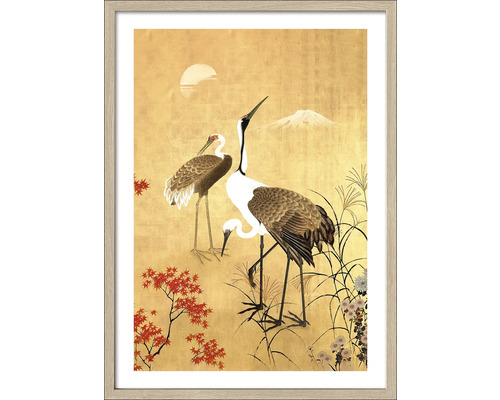 Gerahmtes Wandbild mit Kranichen und japanischer Landschaft