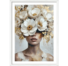 Gemälde einer Frau mit Blumen im Haar in einem Rahmen