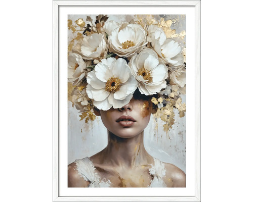 Gerahmtes Bild Flowers On Her Head XI 53x73 cm Gemälde einer Frau mit Blumen im Haar in einem Rahmen