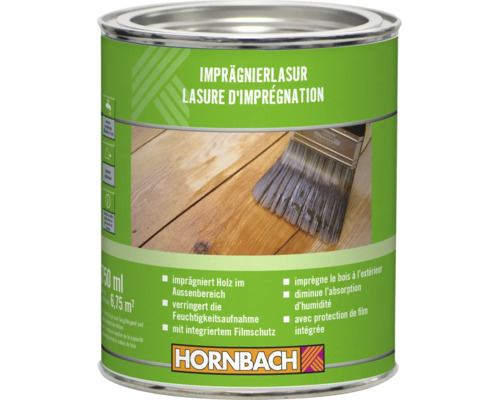 Lasure d'imprégnation Hornbach pour bois extérieur, pot de 750 millilitres, réduit l'absorption d'humidité, avec protection de film intégrée.