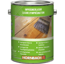 Lasure d'imprégnation Hornbach pour bois extérieur, bidon de 5 litres, diminue l'absorption d'humidité et offre protection de film. Hornbach Logo.