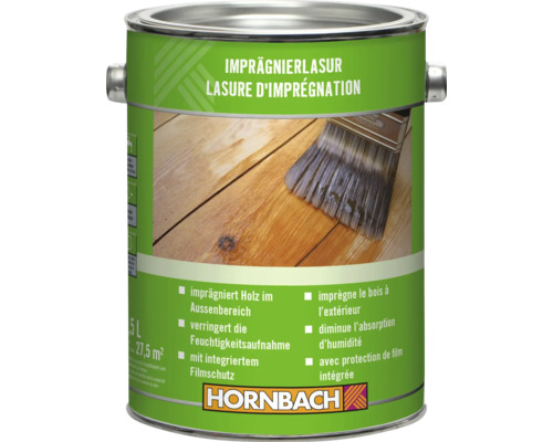 Lasure d'imprégnation Hornbach pour bois extérieur, bidon de 5 litres, diminue l'absorption d'humidité et offre protection de film. Hornbach Logo.