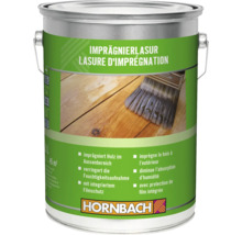 Lasure d imprégnation Hornbach pour bois extérieur, seau métallique de 5 litres avec illustration d un pinceau sur du bois.
