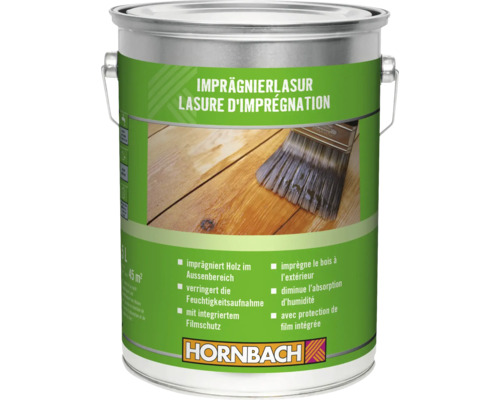 Lasure d imprégnation Hornbach pour bois extérieur, seau métallique de 5 litres avec illustration d un pinceau sur du bois.