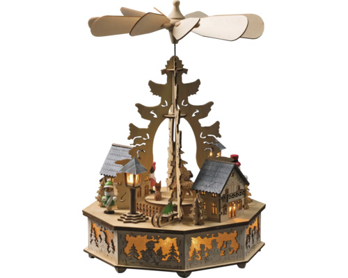 Hölzerne Weihnachtspyramide mit Winterdorf-Szene und Drehflügeln