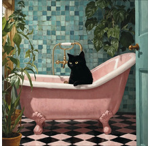 Salle de bains avec baignoire îlot, mur carrelé, plantes d'intérieur et chat noir