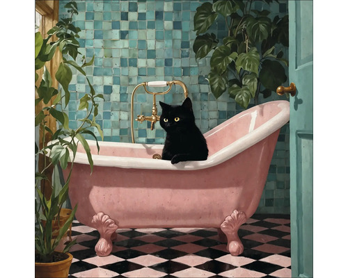 Salle de bains avec baignoire îlot, mur carrelé, plantes d'intérieur et chat noir