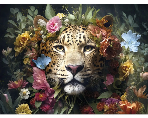 Glasbild Jaguar With Flowers 80x60 cm Porträt eines Leoparden mit Blumen