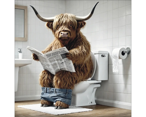 Leinwandbild Lustiges Hochlandrind II 27x27 cm Ein Hochlandrind mit Jeans sitzt auf einer Toilette und liest Zeitung.