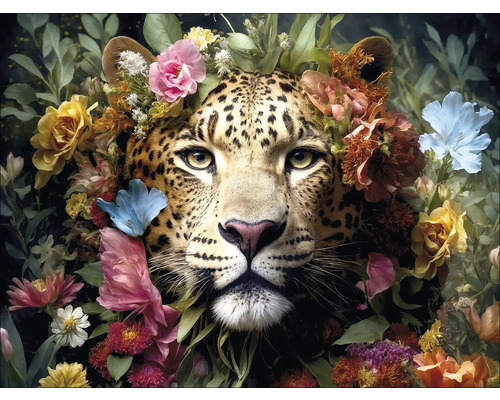 Leinwandbild Jaguar With Flowers 77x57 cm Nahaufnahme eines Leoparden mit Blumenkrone