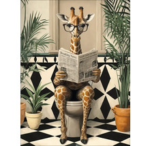 Gemälde einer Giraffe mit Brille, die auf einer Toilette sitzend eine Zeitung liest, umgeben von Zimmerpflanzen