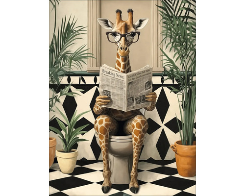 Leinwandbild Lustige Giraffe 57x77 cm Gemälde einer Giraffe mit Brille, die auf einer Toilette sitzend eine Zeitung liest, umgeben von Zimmerpflanzen