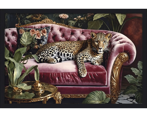 Gerahmtes Bild Big Cat On The Couch I 130x90 cm Dekoratives gerahmtes Bild mit Leopard auf Sofa