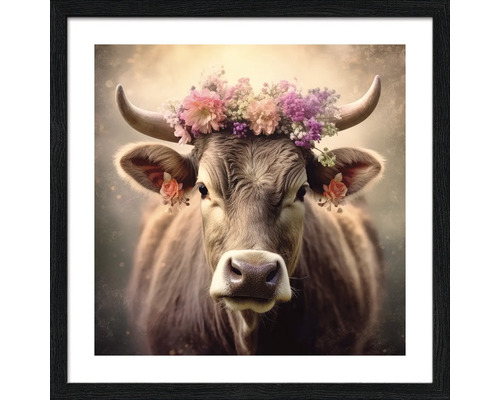Gerahmtes Bild einer Kuh mit Blumenkranz