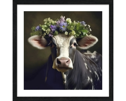 Gerahmtes Bild Schwarzwaldkühe III 33x33 cm Gerahmtes Bild einer Kuh mit Blumenkranz