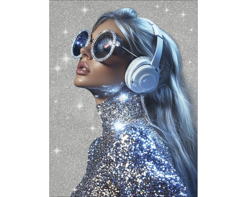 Glasbild Bling Bling Lady V 60x80 cm Frau mit Kopfhörern und Sonnenbrille