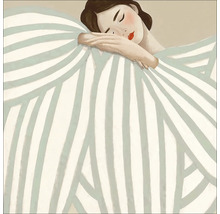 Illustration einer schlafenden Frau mit gestreifter Decke