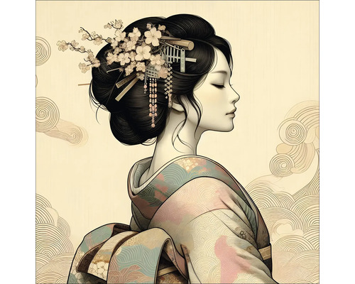 Leinwandbild Geisha VI 40x40 cm Illustration einer Frau im Kimono mit Blumen im Haar