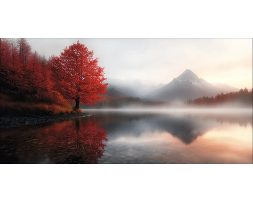 Leinwandbild Landscape In The Morning Mist II 100x50 cm Landschaft mit See, Bäumen und Bergen im Nebel