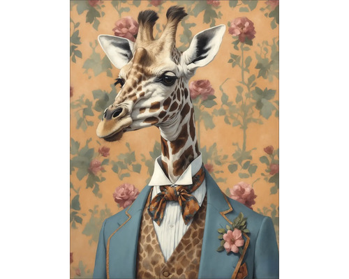 Leinwandbild Giraffe In A Suit I 57x77 cm Illustration einer Giraffe in Jackett, Weste und Fliege vor floralem Hintergrund