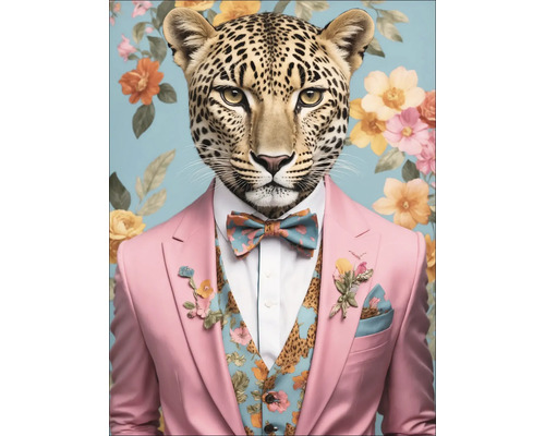 Leinwandbild Leopard In A Suit I 57x77 cm Illustration eines Leoparden mit Anzug, Weste und Fliege