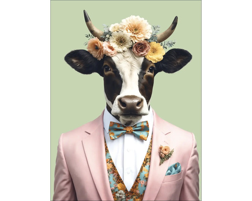 Leinwandbild Crazy Animals Cow 84x116 cm Illustration einer Kuh mit Blumenkranz und Anzug