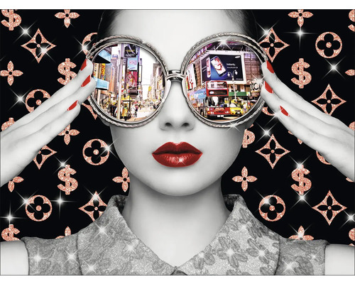 Leinwandbild Bling Bling New York 116x84 cm Dekoratives Wandbild mit einer Frau mit Brille, die eine Stadtansicht reflektiert