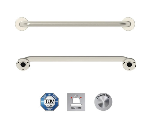 Edelstahl Haltegriff für das Badezimmer, zwei Ansichten, TÜV Süd Siegel, Maximale Belastung 150 kg, Edelstahl Symbol
