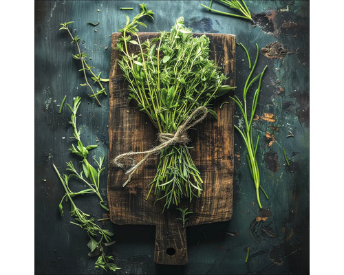 Glasbild Herbal Bunch 20x20 cm Kräuterbündel auf Holzbrett