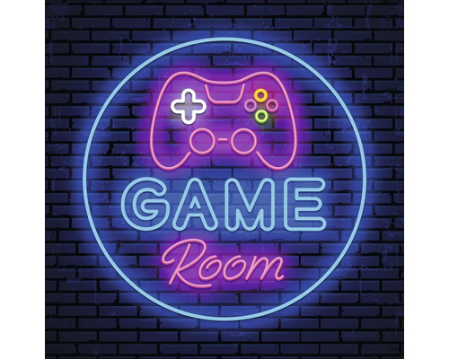 Enseigne lumineuse avec l'inscription Game Room et une manette de jeu sur un mur en briques