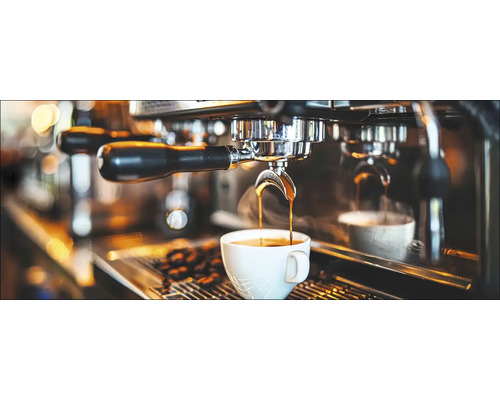 Glasbild Perfect Morning With Espresso II 125x50 cm Kaffee fliesst aus einer Espressomaschine in eine Tasse.