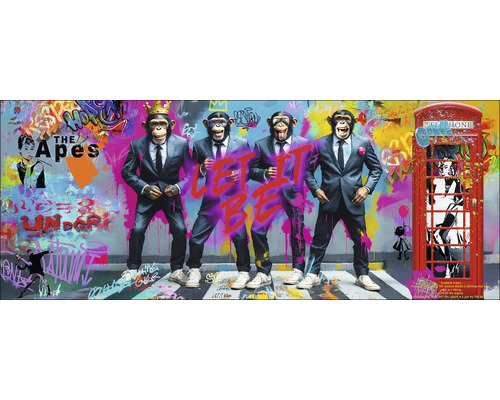 Gemälde mit vier Affen in Anzügen, Graffiti-Hintergrund und roter Telefonzelle