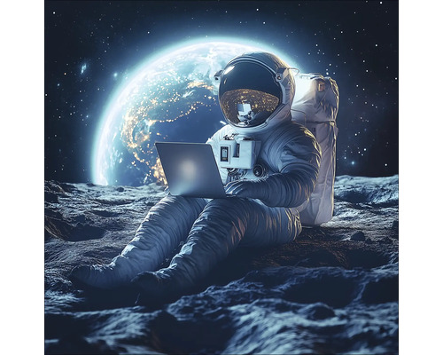 Ein Astronaut sitzt auf dem Mond und benutzt einen Laptop.