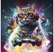 Chat avec casque et lunettes tenant une manette